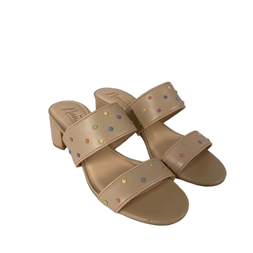 Nanette Lepore Drew Sandals Double Banded 7M Block Heel Beige Studs Open Toe‎